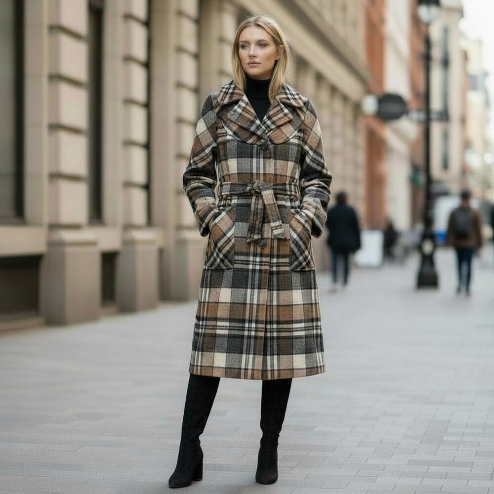 Vintage 1970s Women’s M Wool Maxi Coat Plaid Large Pockets Lined - Read